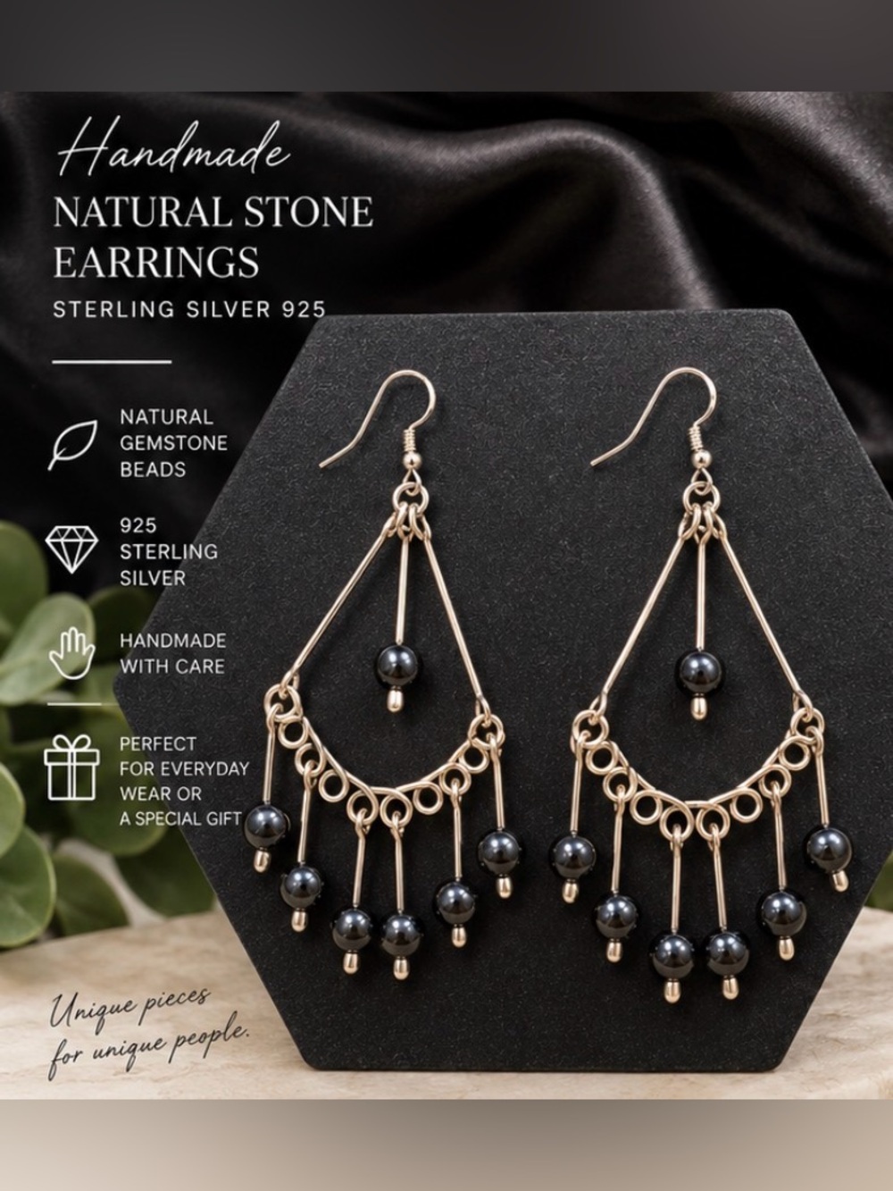 Handmade 925 Sterling Silver Natural Black Stone (Hematites) Chandelier Earrings